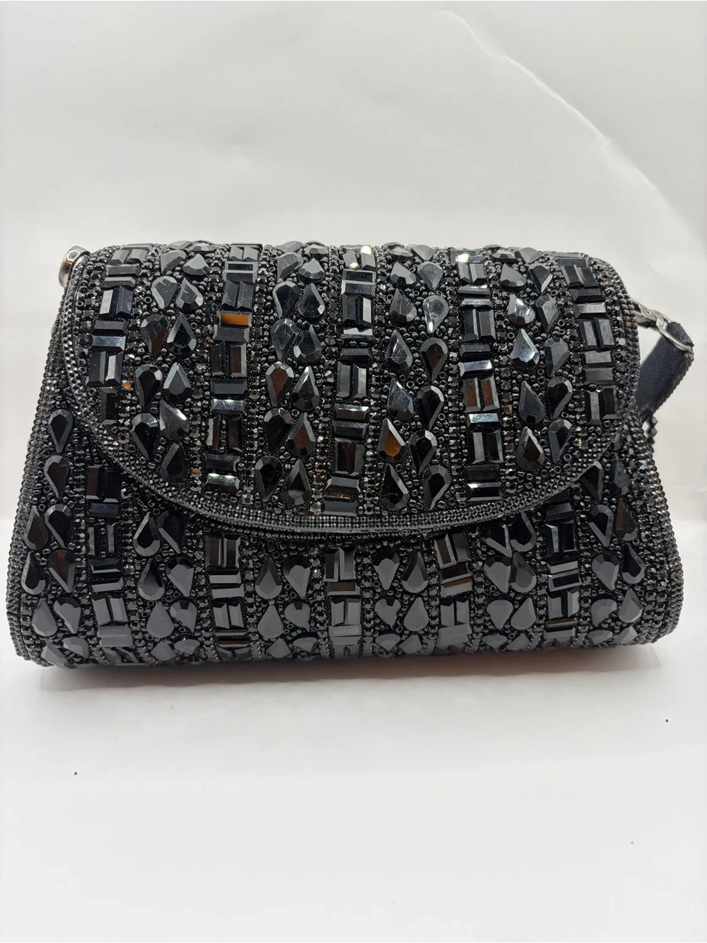 Premium Black Handmade Beaded Evening Clutch With Hanging Beads
